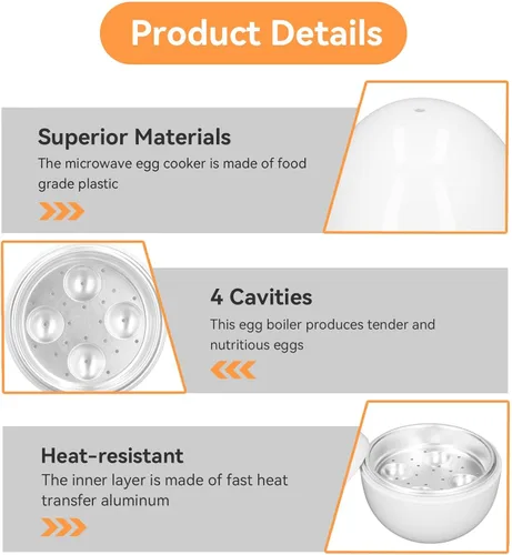 Vista 6 de Cocedor de huevos para microondas, huevos duros para microondas, 4 capacidades, caldera de vapor, escalfadora con tapa para cocinar herramientas