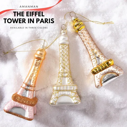 Vista 6 de Adornos de vidrio para Navidad de la Torre Eiffel de París, adornos de vidrio soplado para árbol de Navidad (Oro Rosa)