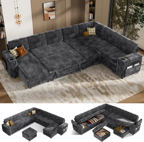 Vista 15 de Vipbear Sofá cama modular de 86 pulgadas con cama extraíble, sofá en forma de L de pana de felpa de 3 asientos con diván de almacenamiento, puertos