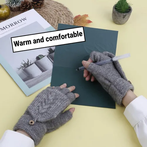 Vista 6 de YSense Wear Guantes sin dedos para mujer, guantes de punto cálidos de invierno, convertibles, cubierta con solapa (2 pares)