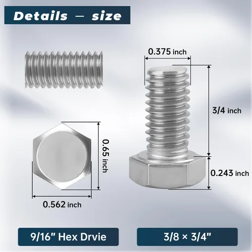 Vista 66 de 10 juegos Glvaner de tornillos de cabeza hexagonal de acero inoxidable 5/16-18 x 2", tuercas, arandelas planas y de seguridad, acero inoxidable 18-8