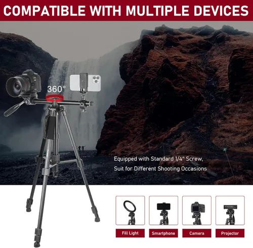 Vista 3 de EVUMO HF3 Trípode horizontal para cámara y iPhone, trípode de cámara elevado de 65 pulgadas y monopod 2 en 1 con control remoto y soporte