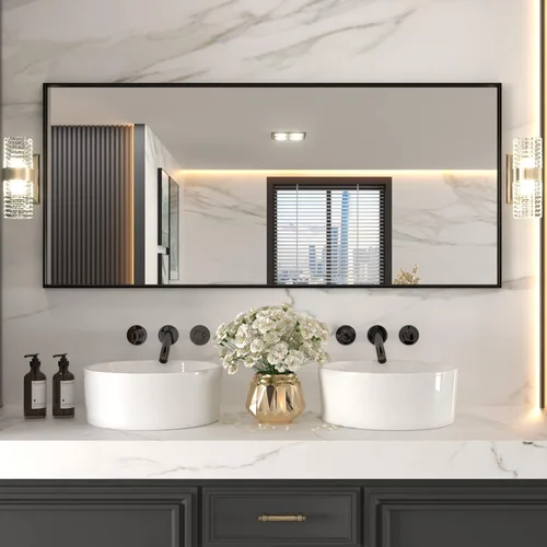 Vista 15 de LOAAO Espejo de Baño de Pared Rectangular Negro de 20"X30", Marco de Aleación de Aluminio Negro Mate, Vidrio Templado, se Cuelga Vertical u