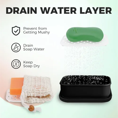 Vista 5 de Soporte de jabón de silicona, funda de jabón de viaje mejorada a prueba de fugas con capa de drenaje, soporte de jabón de barra portátil, contenedor