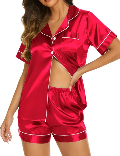 Vista 10 de Ekouaer Pijamas de seda para mujer, ropa de dormir de manga corta, suave, con botones, ropa de descanso, 2 piezas, pijama de satén, conjunto