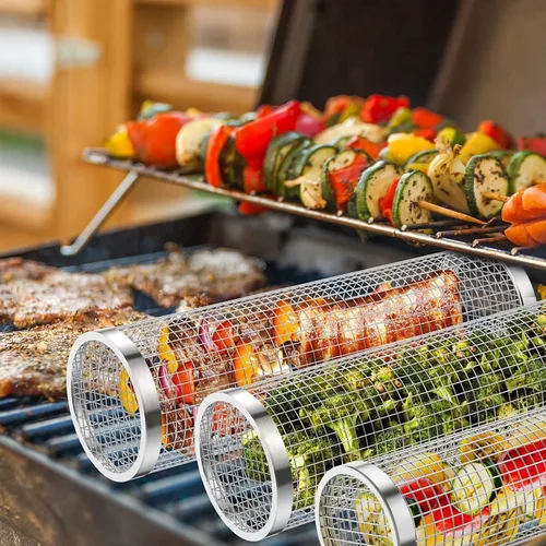 Vista 7 de Mancola Cesta de Parrilla con Malla de Tubería para Barbacoa, Cesta de Parrilla con Malla para Asar al Aire Libre, Parrilla de Acero Inoxidable