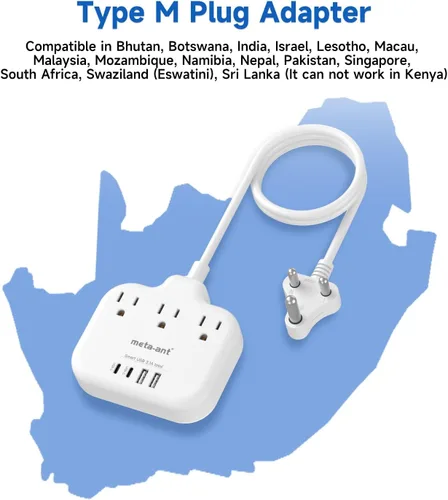 Vista 2 de Adaptador de Enchufe de Sudáfrica, Adaptador Tipo M para Sudáfrica con 3 Tomas de CA y 4 Puertos USB (2 USB C) 15.5W, Cable de Extensión de 3FT