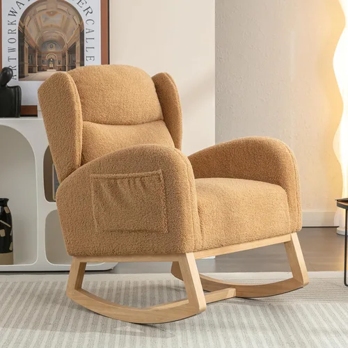 Vista 12 de Mecedora de peluche para guardería, silla mecedora tapizada con bolsillo, silla moderna con respaldo de ala, cómoda silla de lectura con patas