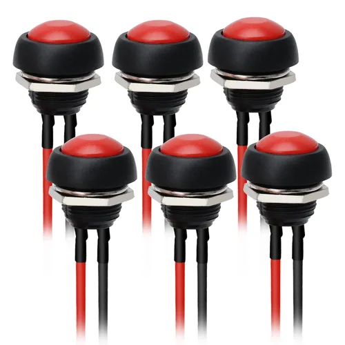 STARELO 6 interruptores momentáneos de botón de 0.472 in, mini interruptor redondo impermeable SPST 3A 125V CA 2Pin 1NO con cable pre-soldado Rojo