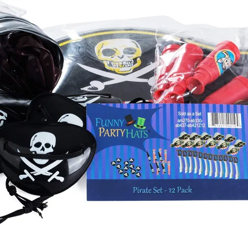 Vista 8 de Set de piratas para fiesta, 12 sombreros piratas, parches, espadas, telescopios, Funny Party Hats®