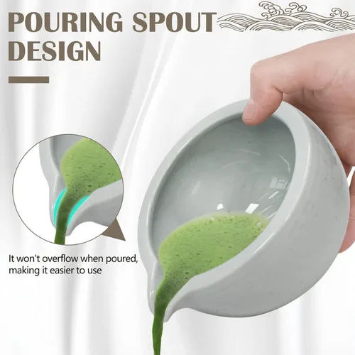 Vista 4 de Artcome Juego de té matcha japonés de 9 piezas, cuenco de matcha con pico vertedor, batidor de matcha, soporte de batidor de cerámica, cuchara