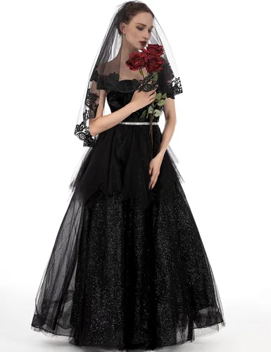 Vista 6 de PAMOR Velo de encaje negro creativo de tul, estilo catedral, para boda, Halloween, velo para novia con peine