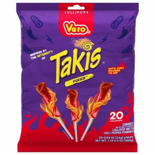 Vero Takis Fuego Chamoy - Paletas con chile en polvo (20 unidades)
