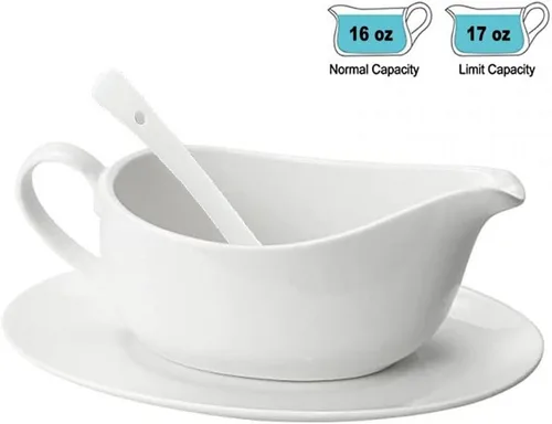 Vista 3 de Qlans Salsera con Cucharón y Platillo de 17 Oz, Salsera de Cerámica con Bandeja para Aderezos de Ensalada, Leche, Salsas Calientes, Crema, Caldo