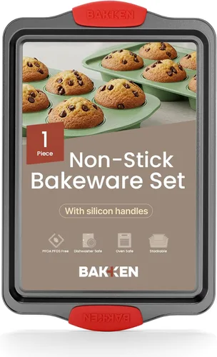 Vista 8 de Bandeja antiadherente para galletas de acero al carbono, bandeja de horno con asas de silicona rojas - Bandeja pequeña para hornear