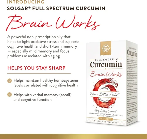 Vista 4 de Solgar Full Spectrum Curcumin Brain Works, 90 Licaps - Apoya la recuperación de memoria, enfoque, función cognitiva, soporte antioxidante