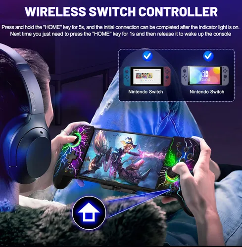 Vista 5 de Gammeefy JC200 Switch Controller - Hall Effect One-Piece Wireless Switch Joypad (No Drift, No Deadzone) with 9 Color Lights for Nintendo Switch and