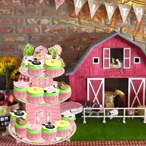 Vista 7 de Soporte para cupcakes de animales de granja rosa de 3 niveles para fiesta de cumpleaños de granja, torre de granero, fiesta, soporte para decoración