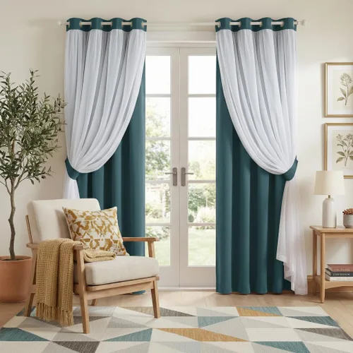 Vista 43 de PONY DANCE Cortinas Opacas con Superposición de Gasa, Cortinas de Doble Capa con Aislamiento Térmico Mix & Match para Oscurecer Habitaciones