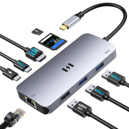 Vista 12 de Adaptador HUB USB C HDMI para MacBook Pro/Air, dongle USBC 7 en 1 con HDMI, lector de tarjetas SD/TF, puerto de datos USB C, 100W PD y 2 USB 3.0