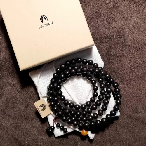 Vista 2 de HAPPEACE Cuerda inelástica de 0315in de ébano natural 108 cuentas de mala cuentas de oración tibetanas o meditación