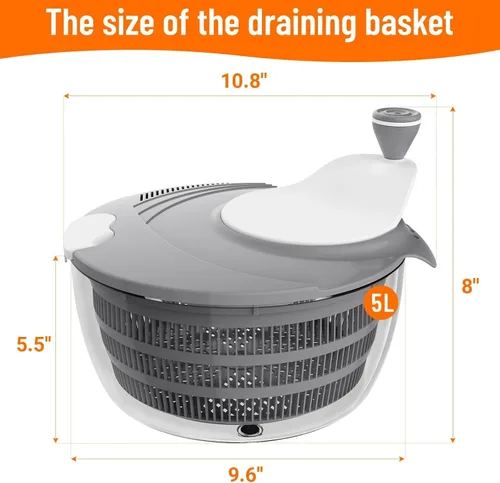 Vista 2 de HomeHacks Centrifugadora de Ensalada Grande, Centrifugadora de Lechuga Grande, Limpiador de Frutas Grande con Orificios de Drenaje Dobles, 5