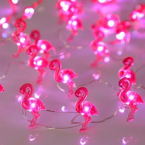 Vista 2 de Guirnalda de luces de flamenco a pilas con control remoto de 10 pies, 40 luces LED, color rosa, enchufable, luz alimentada por USB, bandeja