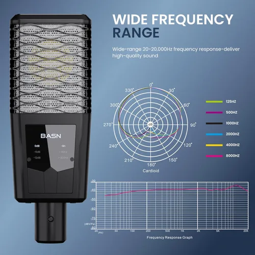 Vista 4 de BASN BMS2 Micrófono de condensador cardioide, micrófono de grabación XLR de estudio de diafragma grande para podcasting, canto, transmisión (negro)