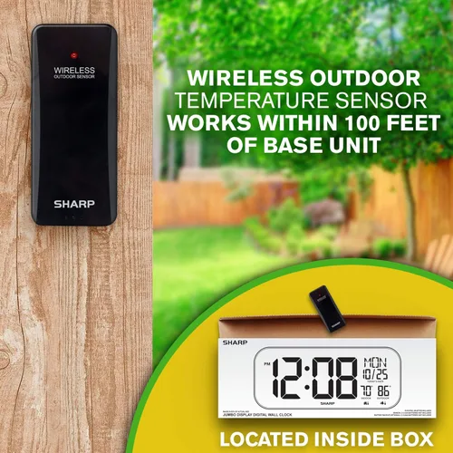 Vista 6 de Sharp Large Oversized Screen LED Clock with Outdoor/Indoor Temperature with Outdoor Sensor, with Date and Day of Week – 14 inch Clock with 4 inch