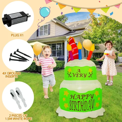 Vista 4 de Decoraciones inflables de pastel de cumpleaños de 4 pies, con velas, luces LED integradas, pastel de cumpleaños, decoración de patio al aire libre