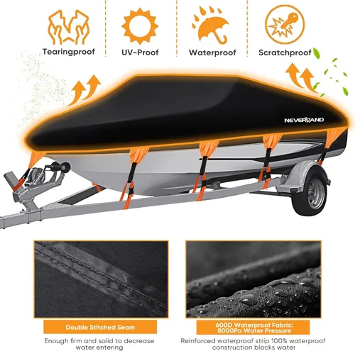 Vista 2 de NEVERLAND Funda para barco impermeable de grado marino resistente de poliéster 600D, lona remolcable, se adapta a V-Hull y Tri-Hull, Runabouts