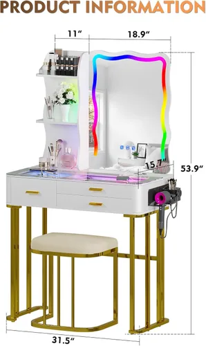 Vista 8 de RGB Escritorio de Maquillaje con Estación de Carga Inalámbrica, Mesa de Tocador con 7 Luces Dinámicas y 7 Estáticas Atenuables con Parte Superior