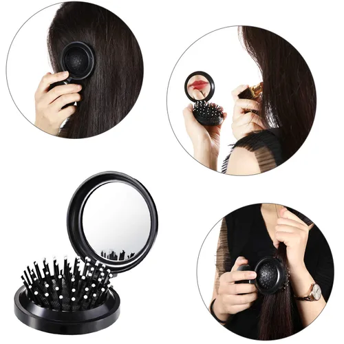 Vista 4 de Boao Paquete de 2 Cepillos de Cabello Plegables con Espejo de Viaje Redondos Portátiles Cepillo de Cabello Plegable de Bolsillo Mini Peine Compacto