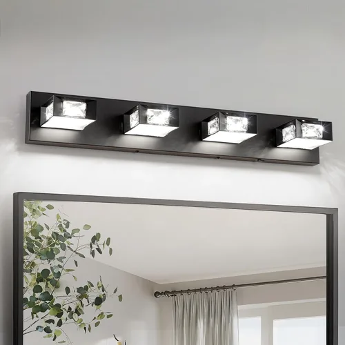 Vista 10 de Joossnwell Lámpara de tocador de baño de níquel cepillado con cristal, iluminación LED regulable de 5CCT para baño, sobre espejo