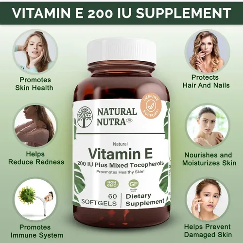Vista 3 de Natural Nutra Suplemento de vitamina E de 200 UI para piel, cabello y uñas, promueve la salud del corazón, ayuda a prevenir la piel dañada, promueve
