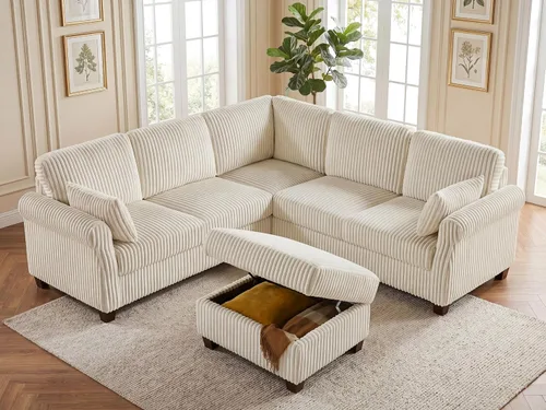 Vista 3 de Sofá modular modular en forma de V de 90.6 pulgadas con otomana de almacenamiento, sofá esquinero de pana de 6 asientos con asiento profundo