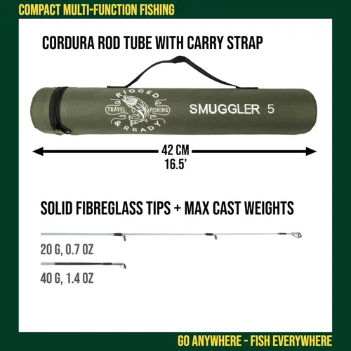 Vista 5 de Rigged and Ready Smuggler Series™ Travel Fishing Rods. Super Compact, 1 Spinning Rod and Reel Combo, 4 Spin, 1 Casting Rod + Cases. 2, 3 or 4 Tips.
