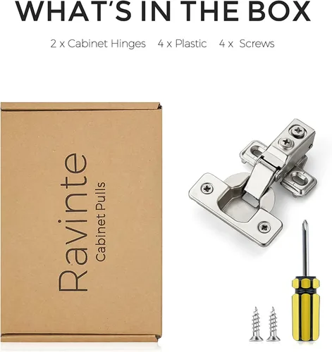 Vista 7 de Ravinte Paquete de 2 bisagras de gabinete de cocina de brazo corto de níquel cepillado superpuestas de 1/2 pulgada, cierre suave, bisagras ocultas