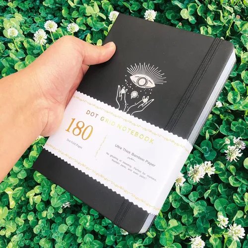 Vista 5 de BUKE Cuaderno de puntos con 180 g/m² de papel de bambú blanco grueso, 160 páginas, cuadrícula de 5 * 5 mm, encuadernación plana, bordes plateados