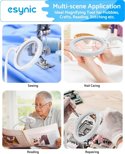 Vista 8 de eSynic Lupa iluminada con soporte, recargable USB-C, aumento de 5X y 10X, lente grande de 4.3 pulgadas, lámpara de lupa de escritorio con abrazadera