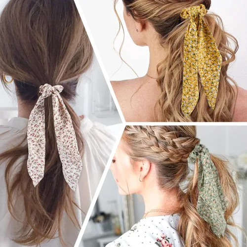 Vista 6 de 5 lazos para el pelo clásicos de gasa con lazo floral, elegantes coleteros para el cabello, bandas largas para cola de caballo, bandas