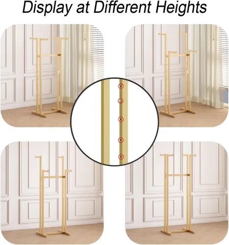 Vista 2 de Percheros Dorados para Ropa, Perchero de Metal con 4 Brazos Rectos, Perchero de Pie para Colgar Ropa Resistente, 46" a 63" de Altura Ajustable