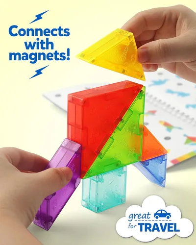 Vista 2 de Rompecabezas Tangram Magnético de Viaje Coogam con Bloques de Construcción 3D, Libros de Rompecabezas de Escritura en Forma de Patrón para Viajes