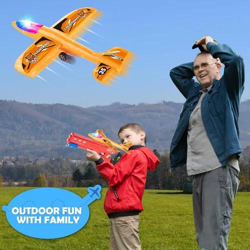 Vista 6 de Bigdream 6 Pack LED Airplane Launcher Toys with 2 Launchers, 2 Flight Mode Glider Catapult Plane with Stickers, Flying Outdoor Toys for 3 4 5 6 7 8