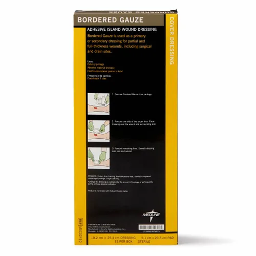 Vista 4 de Medline Gasa con bordes, apósito adhesivo para heridas de isla de 4" x 10", estéril, 15
