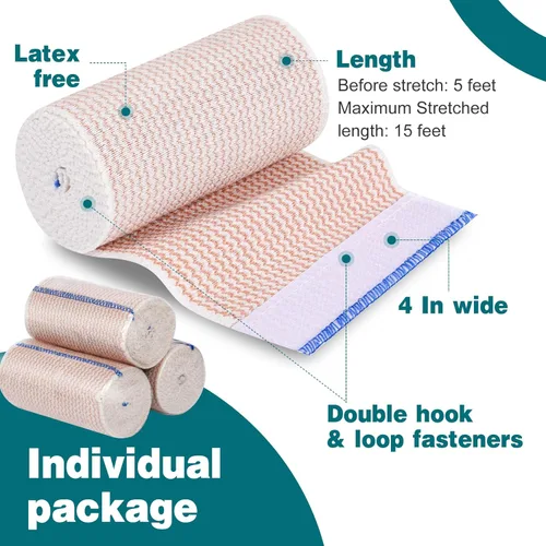 Vista 2 de AZEN 4in Premium 8 Pack Elastic Bandage Wrap, Compression Wrap Bandage for Legs, Ankle, Knee, Tummy, Body, Lymphedema Wraps for Legs, Latex-Free