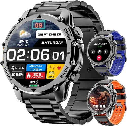 Hwagol Relojes inteligentes para hombre (llamada/notificación), reloj inteligente militar de 1.52 pulgadas, dos kits de estilos, linterna, más de