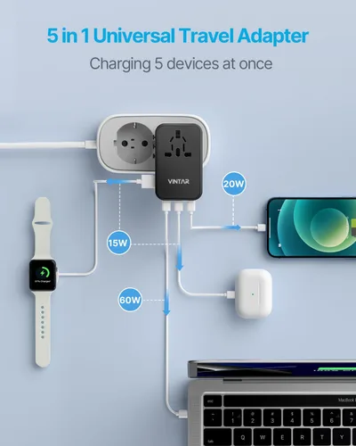 Vista 4 de VINTAR - Adaptador de viaje universal, adaptador de corriente internacional GaN de 100 W con 3 USB C PD y 1 USB A QC, adaptador de enchufe todo