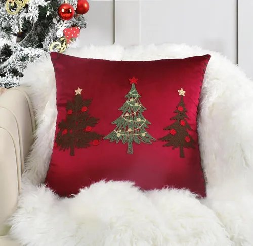 Vista 15 de Fundas de almohada con diseño de árbol de Navidad de 18 x 18 pulgadas, fundas de almohada bordadas, almohadas navideñas decorativas para el hogar