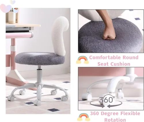 Vista 5 de HNY Silla de escritorio para niños con ruedas, linda silla de tocador de felpa morada con respaldo en forma de corazón ahuecado ajustable, silla